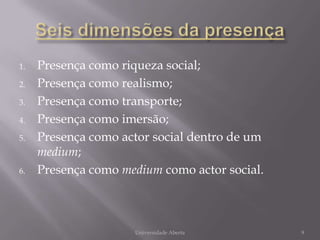 Seis dimensões da presença<br />Presença como riqueza social;<br />Presença como realismo;<br />Presença como transporte;<...