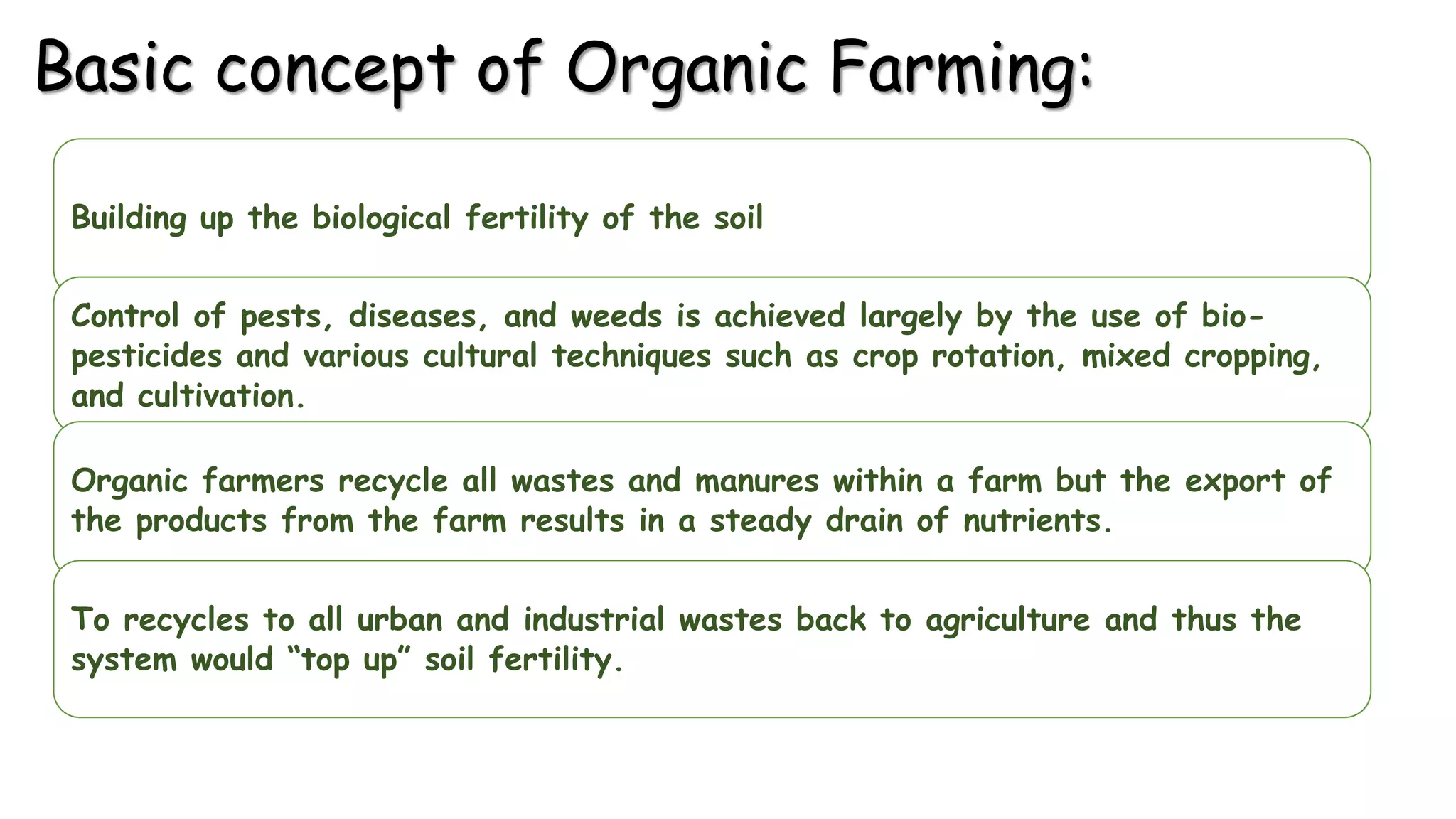 Basic concept of Organic Farming:
Building up the biological fertility of the soil
Control of pests, diseases, and weeds is achieved largely by the use of bio-
pesticides and various cultural techniques such as crop rotation, mixed cropping,
and cultivation.
Organic farmers recycle all wastes and manures within a farm but the export of
the products from the farm results in a steady drain of nutrients.
To recycles to all urban and industrial wastes back to agriculture and thus the
system would “top up” soil fertility.
 