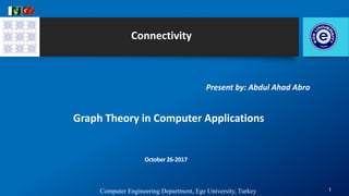 Present by: Abdul Ahad Abro
1
Graph Theory in Computer Applications
Computer Engineering Department, Ege University, Turkey
October 26-2017
Connectivity
 