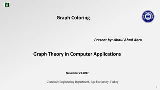 Present by: Abdul Ahad Abro
1
Graph Theory in Computer Applications
Computer Engineering Department, Ege University, Turkey
November 23-2017
Graph Coloring
 