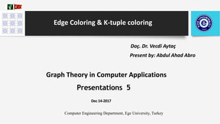 Present by: Abdul Ahad Abro
1
Graph Theory in Computer Applications
Computer Engineering Department, Ege University, Turkey
Doç. Dr. Vecdi Aytaç
Presentations 5
Dec 14-2017
Edge Coloring & K-tuple coloring
 