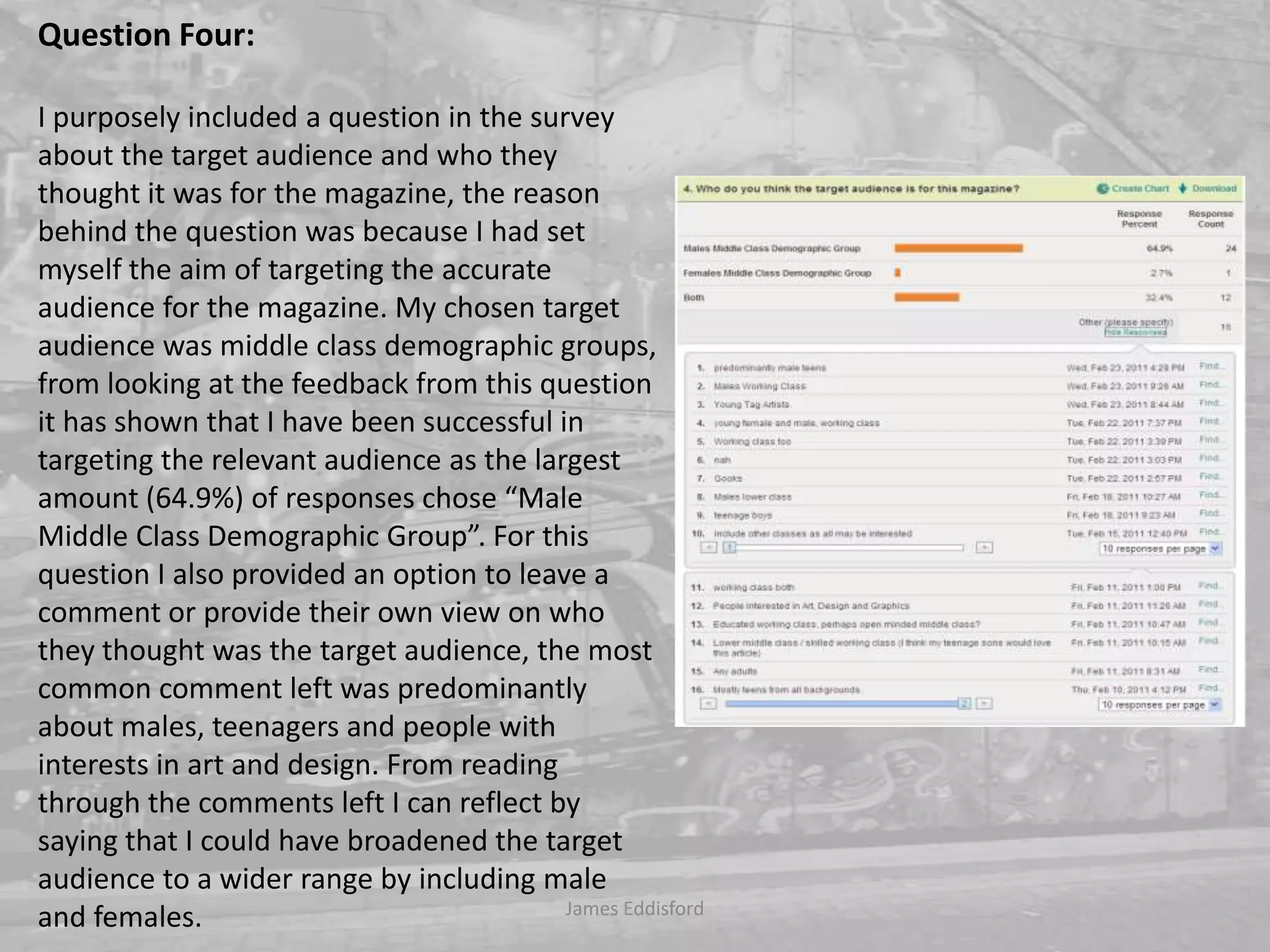 Question Four: I purposely included a question in the survey about the target audience and who they thought it was for the magazine, the reason behind the question was because I had set myself the aim of targeting the accurate audience for the magazine. My chosen target audience was middle class demographic groups, from looking at the feedback from this question it has shown that I have been successful in targeting the relevant audience as the largest amount (64.9%) of responses chose “Male Middle Class Demographic Group”. For this question I also provided an option to leave a comment or provide their own view on who they thought was the target audience, the most common comment left was predominantly about males, teenagers and people with interests in art and design. From reading through the comments left I can reflect by saying that I could have broadened the target audience to a wider range by including male and females.James Eddisford 