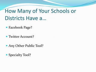 How Many of Your Schools or
Districts Have a…
 Facebook Page?

 Twitter Account?

 Any Other Public Tool?

 Specialty Tool?
 