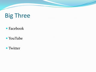 Big Three
 Facebook

 YouTube

 Twitter
 