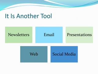It Is Another Tool

 Newsletters         Email      Presentations



               Web       Social Media
 