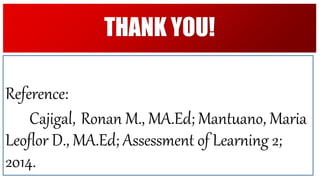 Reference:
Cajigal, Ronan M., MA.Ed; Mantuano, Maria
Leoflor D., MA.Ed; Assessment of Learning 2;
2014.
THANK YOU!
 