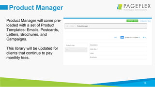 13
Product Manager
Product Manager will come pre-
loaded with a set of Product
Templates: Emails, Postcards,
Letters, Brochures, and
Campaigns.
This library will be updated for
clients that continue to pay
monthly fees.
 