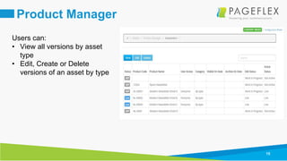 15
Product Manager
Users can:
• View all versions by asset
type
• Edit, Create or Delete
versions of an asset by type
 