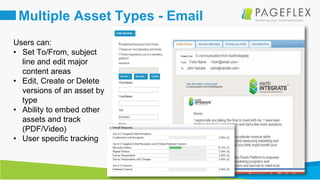 19
Multiple Asset Types - Email
Users can:
• Set To/From, subject
line and edit major
content areas
• Edit, Create or Delete
versions of an asset by
type
• Ability to embed other
assets and track
(PDF/Video)
• User specific tracking
 