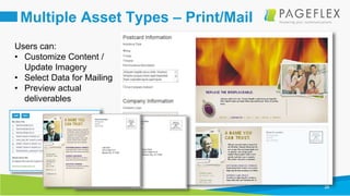 20
Multiple Asset Types – Print/Mail
Users can:
• Customize Content /
Update Imagery
• Select Data for Mailing
• Preview actual
deliverables
 