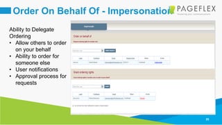 25
Order On Behalf Of - Impersonation
Ability to Delegate
Ordering
• Allow others to order
on your behalf
• Ability to order for
someone else
• User notifications
• Approval process for
requests
 