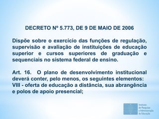 DECRETO Nº 5.773, DE 9 DE MAIO DE 2006
Dispõe sobre o exercício das funções de regulação,
supervisão e avaliação de instituições de educação
superior e cursos superiores de graduação e
sequenciais no sistema federal de ensino.
Art. 16. O plano de desenvolvimento institucional
deverá conter, pelo menos, os seguintes elementos:
VIII - oferta de educação a distância, sua abrangência
e polos de apoio presencial;
 