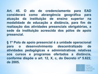 Art. 45. O ato de credenciamento para EAD
considerará como abrangência geográfica para
atuação da instituição de ensino superior na
modalidade de educação a distância, para fim de
realização das atividades presenciais obrigatórias, a
sede da instituição acrescida dos pólos de apoio
presencial.
§ 1º Polo de apoio presencial é a unidade operacional
para o desenvolvimento descentralizado de
atividades pedagógicas e administrativas relativas
aos cursos e programas ofertados a distância,
conforme dispõe o art. 12, X, c, do Decreto nº 5.622,
de 2005.
 