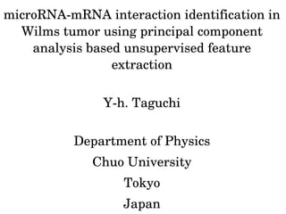 microRNA­mRNA interaction identification in 
Wilms tumor using principal component 
analysis based unsupervised feature 
extraction
Y­h. Taguchi
Department of Physics
Chuo University
Tokyo
Japan
 