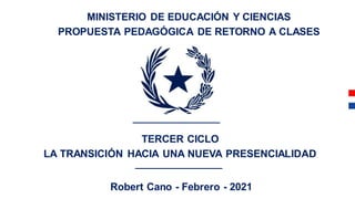 TERCER CICLO
LA TRANSICIÓN HACIA UNA NUEVA PRESENCIALIDAD
Robert Cano - Febrero - 2021
MINISTERIO DE EDUCACIÓN Y CIENCIAS
PROPUESTA PEDAGÓGICA DE RETORNO A CLASES
 