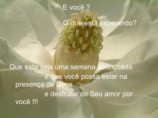 E você ?     O que está esperando? Que esta seja uma semana abençoada e que você possa estar na presença de Deus e desfrutar de Seu amor por você !!! 