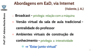 ● Broadcast - privilegia relação com a máquina
● Versão virtual da sala de aula tradicional -
centralidade do professor
● Ambientes virtuais de construção de
conhecimento - privilegia a interatividade
⚫ ⇒ "Estar junto virtual"
17
Profª.
Drª.
Adriana
Rocha
Bruno Abordagens em EaD, via Internet
(Valente, J. A.)
 