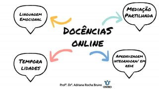 DocênciaS
online
Linguagem
Emocional
Tempora
lidades
Mediação
Partilhada
Aprendizagem
integradora/ em
rede
Profª. Drª. Adriana Rocha Bruno
 