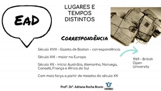 EaD
Século XVIII - Gazeta de Boston - correspondência
Século XIX - maior na Europa
Século XX - início: Austrália, Alemanha, Noruega,
Canadá, França e África do Sul
Com mais força a partir de meados do século XX
Correspondência
1969 - British
Open
University
LUGARES E
TEMPOS
DISTINTOS
Profª. Drª. Adriana Rocha Bruno
 