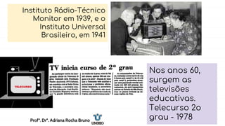 Instituto Rádio-Técnico
Monitor em 1939, e o
Instituto Universal
Brasileiro, em 1941
Nos anos 60,
surgem as
televisões
educativas.
Telecurso 2o
grau - 1978
Profª. Drª. Adriana Rocha Bruno
 