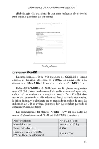 85 
Los misterios del archivo Ummo revelados
¿Habrá algún día una forma de usar estas moléculas de esteroides
para prevenir el rechazo del trasplante?
Estudio preliminar
La evidencia NAWEE
La carta española D45 de 1966 menciona : « GOSEEE : unidad
cósmica de longitud utilizada en UMMO, es equivalente a la
distancia a IUMMA NAUEE en su pico (76 × 126
ENMOO) »
Es 76 x 126
ENMOO = 424 328 kilómetros. Tal planeta que giraría a
unos 425 000 kilómetros de su estrella inmediatamente sería quemado,
carbonizado en cenizas y atrapado por su estrella. Sean 425 000 kiló-
metros del centro de la estrella o de su periferia, a causa del viento solar,
la órbita disminuye y el planeta cae en menos de un millón de años. La
indicación de D45 es errónea. ¿Entonces hay que concluir que todo el
expediente Ummo es falso?
Las características del planeta (NAUEE) NAWEE son dadas de
nuevo 43 años después en el NR21 del 13/03/2009 y precisan :
Radio ecuatorial R = 6,22 X 107
m
Masa del planeta m = 9,91 X 1025
kg
Excentricidad orbital 0,026
Distancia media a IUMMA
(59,7 millones de kilómetros)
5,97 X 1010
m
 