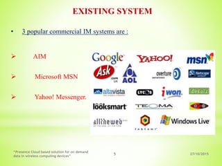 27/10/2015
“Presence Cloud based solution for on demand
data in wireless computing devices”
5
• 3 popular commercial IM systems are :
 AIM
 Microsoft MSN
 Yahoo! Messenger.
EXISTING SYSTEM
 
