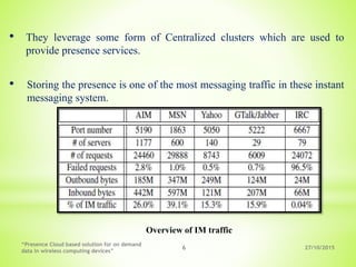 27/10/2015
“Presence Cloud based solution for on demand
data in wireless computing devices”
6
• They leverage some form of Centralized clusters which are used to
provide presence services.
• Storing the presence is one of the most messaging traffic in these instant
messaging system.
Overview of IM traffic
 