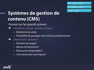 Prix	
  :	
  moyen	
  à	
  élevé	
  

                                                        Extensibilité	
  :	
  bonne	
  

                                                        Intérêt	
  :	
  grand	
  




Foncez sur les grands acteurs
!   WordPress, Drupal, Joomla, Orchard
    –  Maintenance aisée
    –  Possibilité de passage vers l’univers professionnel.
!   Dépend de l’utilisation
    –  Nombre de pages?
    –  Besoin d’interaction?
    –  Ressources disponibles?
    –  Connaissances techniques?
 