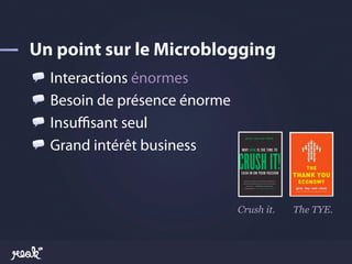 !     Interactions énormes
!     Besoin de présence énorme
!     Insuﬃsant seul
!     Grand intérêt business



                                  Crush it.   The TYE.
 