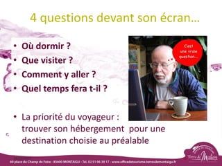4 questions devant son écran…
18/03/2022 26
• Où dormir ?
• Que visiter ?
• Comment y aller ?
• Quel temps fera t-il ?
• La priorité du voyageur :
trouver son hébergement pour une
destination choisie au préalable
 