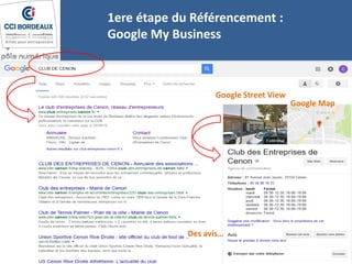 1ere étape du Référencement :
Google My Business
Google Map
Des avis…
Google Street View
Des avis…
Google Map
 