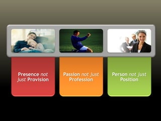 Presence not
just Provision
Passion not just
Profession
Person not just
Position
 