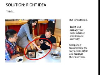 SOLUTION: RIGHT IDEA
Think…


                       But for nutrition.

                       Track and
                       display your
                       daily nutrition
                       seamless and
                       effortlessly

                       Completely
                       transforming the
                       way people think
                       and manage
                       their nutrition.
 