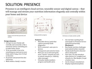 SOLUTION: RIGHT IDEA
Think…


                       But for nutrition.

                       Track and




          +
                       display your
                       daily nutrition
                       seamless and
                       discreetly

                       Completely
                       transforming the
                       way people think
                       and manage
                       their nutrition.
 