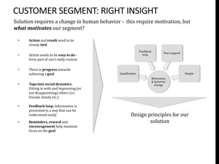 CUSTOMER SEGMENT: RIGHT INSIGHT
Solution requires a change in human behavior - this require motivation, but
what motivates our segment?

 •    Action and result need to be
      closely tied
                                                            Feedback
                                                                               Peer support
 •    Action needs to be easy to do -                         loop
      form part of one’s daily routine

 •    There is progress towards
      achieving a goal                       Gamification                                     Simple
                                                                       Motivation
                                                                       & behavior
 •    Taps into social dynamics.                                         change
      Fitting in with and impressing (or
      not disappointing) others (i.e.
      friends, family etc.)

 •    Feedback loop. Information is
      presented in a way that can be
      understood easily                              Design principles for our
 •    Reminders, reward and                                  solution
      encouragement help maintain
      focus on the goal
 