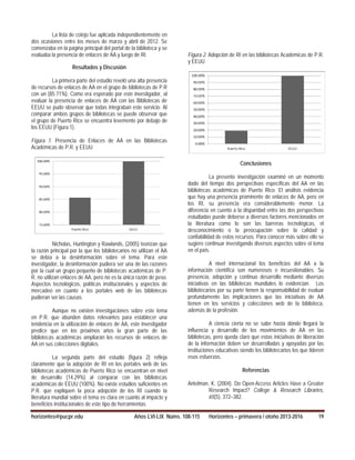 La lista de cotejo fue aplicada independientemente en
dos ocasiones entre los meses de marzo y abril de 2012. Se
comenzaba en la página principal del portal de la biblioteca y se
evaluaba la presencia de enlaces de AA y luego de RI.
Resultados y Discusión
La primera parte del estudio reveló una alta presencia
de recursos de enlaces de AA en el grupo de bibliotecas de P.R
con un (85.71%). Como era esperado por este investigador, al
evaluar la presencia de enlaces de AA con las Bibliotecas de
EEUU se pudo observar que todas integraban este servicio. Al
comparar ambos grupos de bibliotecas se puede observar que
el grupo de Puerto Rico se encuentra levemente por debajo de
los EEUU (Figura 1).
Figura 1. Presencia de Enlaces de AA en las Bibliotecas
Académicas de P.R. y EEUU
Nicholas, Huntington y Rawlands, (2005) teorizan que
la razón principal por la que los bibliotecarios no utilizan el AA
se debía a la desinformación sobre el tema. Para este
investigador, la desinformación pudiera ser una de las razones
por la cual un grupo pequeño de bibliotecas académicas de P.
R. no utilizan enlaces de AA, pero no es la única razón de peso.
Aspectos tecnológicos, políticas institucionales y aspectos de
mercadeo en cuanto a los portales web de las bibliotecas
pudieran ser las causas.
Aunque no existen investigaciones sobre este tema
en P.R. que abunden datos relevantes para establecer una
tendencia en la utilización de enlaces de AA, este investigador
predice que en los próximos años la gran parte de las
bibliotecas académicas ampliarán los recursos de enlaces de
AA en sus colecciones digitales.
La segunda parte del estudio (figura 2) refleja
claramente que la adopción de RI en los portales web de las
bibliotecas académicas de Puerto Rico se encuentran en nivel
de desarrollo (14.29%) al comparar con las bibliotecas
académicas de EEUU (100%). No existe estudios suficientes en
P.R. que expliquen la poca adopción de los RI cuando la
literatura mundial sobre el tema es clara en cuanto al impacto y
beneficios institucionales de este tipo de herramientas.
Figura 2. Adopción de RI en las bibliotecas Académicas de P.R.
y EEUU
Conclusiones
La presente investigación examinó en un momento
dado del tiempo dos perspectivas específicas del AA en las
bibliotecas académicas de Puerto Rico. El análisis evidencia
que hay una presencia prominente de enlaces de AA, pero en
los RI, su presencia era considerablemente menor. La
diferencia en cuento a la disparidad entre las dos perspectivas
estudiadas puede deberse a diversos factores mencionados en
la literatura como lo son las barreras tecnológicas, el
desconocimiento o la preocupación sobre la calidad y
confiabilidad de estos recursos. Para conocer más sobre ello se
sugiere continuar investigando diversos aspectos sobre el tema
en el país.
A nivel internacional los beneficios del AA a la
información científica son numerosos e incuestionables. Su
presencia, adopción y continuo desarrollo mediante diversas
iniciativas en las bibliotecas mundiales lo evidencian. Los
bibliotecarios por su parte tienen la responsabilidad de evaluar
profundamente las implicaciones que las iniciativas de AA
tienen en los servicios y colecciones web de la biblioteca,
además de la profesión.
A ciencia cierta no se sabe hasta dónde llegará la
influencia y desarrollo de los movimientos de AA en las
bibliotecas, pero queda claro que estas iniciativas de liberación
de la información deben ser desarrolladas y apoyadas por las
instituciones educativas siendo los bibliotecarios los que lideren
esos esfuerzos.
Referencias
Antelman, K. (2004). Do Open-Access Articles Have a Greater
Research Impact? College & Research Libraries,
65(5), 372–382.
horizontes@pucpr.edu Años LVI-LIX Núms. 108-115 Horizontes – primavera / otoño 2013-2016 19
 