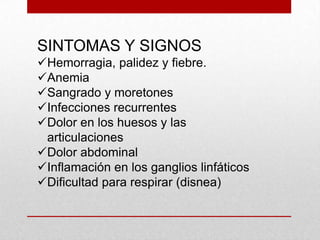 LEUCEMIAS
AGUDAS
LINFOBLASTICAS
(LLA)
NO
LINFOBLASTICAS
(LNLA)
CRONICAS
LINFOCITICA
(LLC)
MIELOIDE (LMC)
Las leucemias pue...
