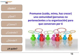 Promueve (cuida, mima, haz crecer) una comunidad (personas no pertenecientes a tu organización) para que conversen por ti ¿Quién? ¿Qué? ¿Cómo? ¿Cuándo? ¿Dónde? ¿A quién? 
