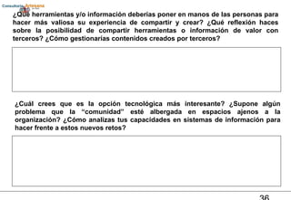 ¿Qué herramientas y/o información deberías poner en manos de las personas para hacer más valiosa su experiencia de compartir y crear? ¿Qué reflexión haces sobre la posibilidad de compartir herramientas o información de valor con terceros? ¿Cómo gestionarías contenidos creados por terceros? ¿Cuál crees que es la opción tecnológica más interesante? ¿Supone algún problema que la “comunidad” esté albergada en espacios ajenos a la organización? ¿Cómo analizas tus capacidades en sistemas de información para hacer frente a estos nuevos retos? 