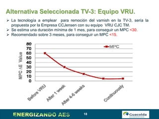 18
Alternativa Seleccionada TV-3: Equipo VRU.
 La tecnología a emplear para remoción del varnish en la TV-3, sería la
propuesta por la Empresa CCJensen con su equipo VRU CJC TM.
 Se estima una duración mínima de 1 mes, para conseguir un MPC <30.
 Recomendado sobre 3 meses, para conseguir un MPC <15.
 