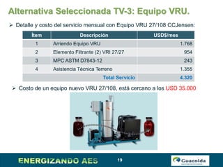 19
Alternativa Seleccionada TV-3: Equipo VRU.
 Detalle y costo del servicio mensual con Equipo VRU 27/108 CCJensen:
Ítem Descripción USD$/mes
1 Arriendo Equipo VRU 1.768
2 Elemento Filtrante (2) VRI 27/27 954
3 MPC ASTM D7843-12 243
4 Asistencia Técnica Terreno 1.355
Total Servicio 4.320
 Costo de un equipo nuevo VRU 27/108, está cercano a los USD 35.000
 