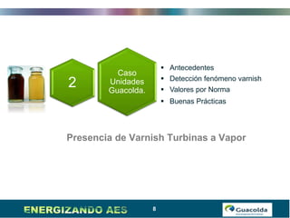 8
Caso
Unidades
Guacolda.
 Antecedentes
 Detección fenómeno varnish
 Valores por Norma
 Buenas Prácticas
2
Presencia de Varnish Turbinas a Vapor
 
