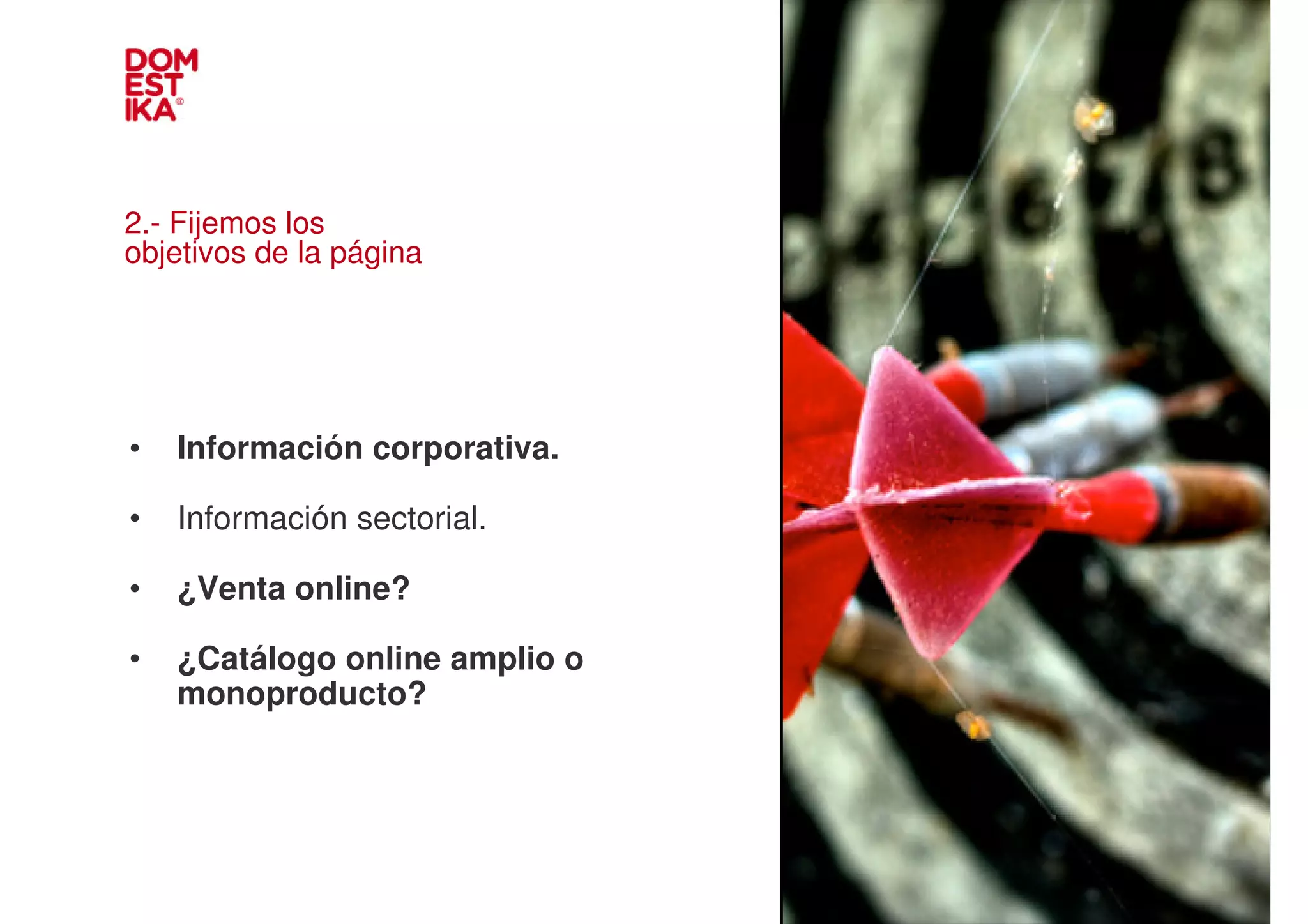 2.- Fijemos los
objetivos de la página




•   Información corporativa.

•   Información sectorial.

•   ¿Venta online?

•   ¿Catálogo online amplio o
    monoproducto?
 