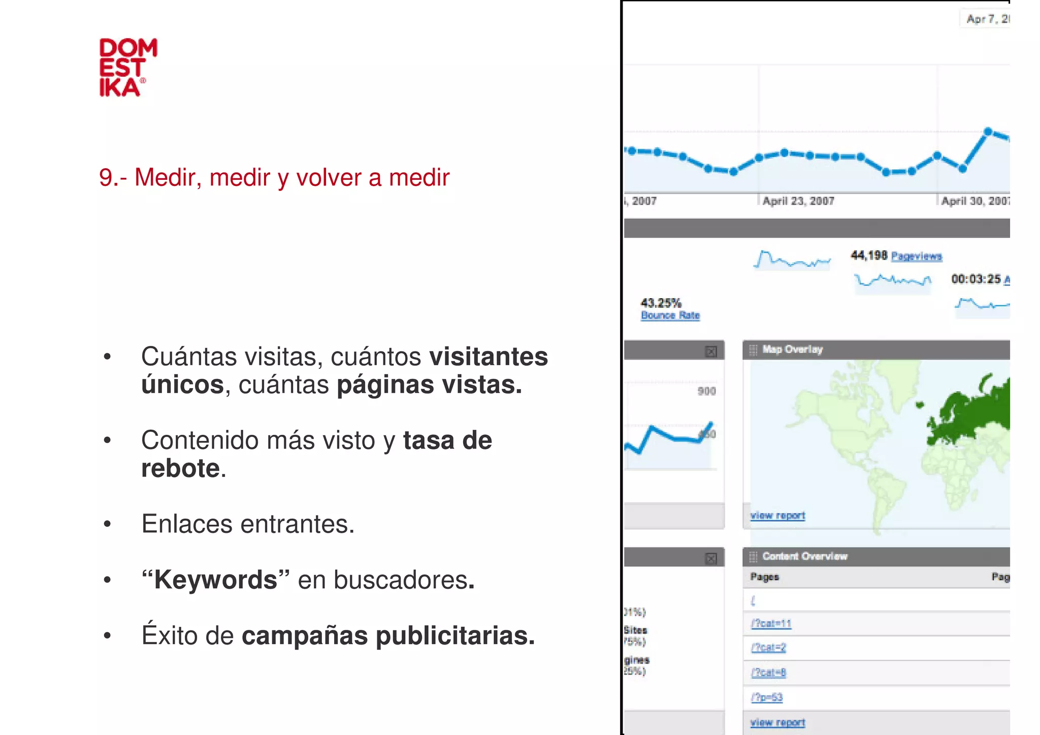 9.- Medir, medir y volver a medir




•   Cuántas visitas, cuántos visitantes
    únicos, cuántas páginas vistas.       IMAGEN
•   Contenido más visto y tasa de
    rebote.

•   Enlaces entrantes.

•   “Keywords” en buscadores.

•   Éxito de campañas publicitarias.
 