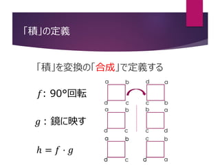 「積」の定義
「積」を変換の「合成」で定義する
c
a b
cd
c b
ac
a b
cd
b a
d
a b
d d
ℎ = 𝑓 · 𝑔
𝑔 : 鏡に映す
c
a b
cd
d a
b
𝑓: 90°回転
 