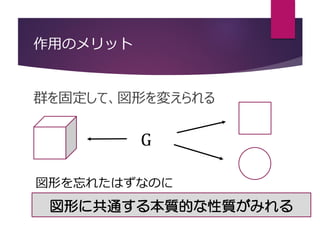作用のメリット
群を固定して、図形を変えられる
G
図形に共通する本質的な性質がみれる
図形を忘れたはずなのに
 