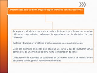 Características para un buen proyecto según Martínez, salinas y cebrowski




    Se espera q el alumno aprenda a darle soluciones a problemas no resueltos
    utilizando conocimiento relevante independiente de la disciplina de que
    prevenga.

    Explorar y trabajar un problema practico con una solución desconocida.

    Debe ser diseñado al menos que abarque un curso y pueda involucrar varios
    contenidos de una misma disciplina hasta la integración de varias

    Debe permitir la búsqueda de soluciones en una forma abierta de manera que e
    estudiante pueda generar nuevos conocimientos.
 