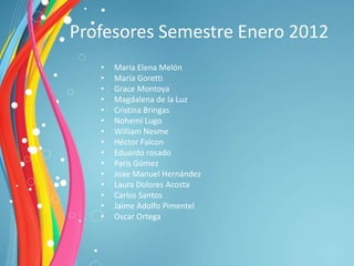 Profesores Semestre Enero 2012
   •   María Elena Melón
   •   María Goretti
   •   Grace Montoya
   •   Magdalena de la Luz
   •   Cristina Bringas
   •   Nohemí Lugo
   •   William Nesme
   •   Héctor Falcon
   •   Eduardo rosado
   •   Paris Gómez
   •   Joae Manuel Hernández
   •   Laura Dolores Acosta
   •   Carlos Santos
   •   Jaime Adolfo Pimentel
   •   Oscar Ortega
 