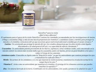 NutraView® para la visión
¿Qué lo hace diferente?
El suplemento para el apoyo de la visión NutraView contiene las cantidades recomendadas por las investigaciones de luteína
(10mg) y ceaxantina (2mg), a más de una mezcla propietaria de vitamina C y arándanos azules y mirtilos para proteger la
mácula y el cristalino, estructuras del ojo que necesitan apoyo nutricional adicional a medida que el cuerpo envejece.*
Luteína: Un carotinoide que protege la mácula del ojo. Los estudios demuestran que los altos niveles están ligados
directamente a la salud general del ojo y su capacidad de enfocar claramente.*
Ceaxantina: Un antioxidante potente proveniente de los huevos, espinacas y otras verduras verdes, está concentrado en la
mácula central. La ciencia más reciente indica que la ceaxantina, junto con luteína, provee un gran beneficio a los ojos y
reduce el riesgo de las cataratas.
Arándanos azules: Conocidos en Japón como la "fruta de la visión” ya que los antioxidantes que contiene protegen los ojos
y neutralizan los radicales libres.*
Mirtilo: Son primos de los arándanos y se cree que mejoran la visión nocturna y mantienen la circulación normal de la
sangre hacia los ojos.*
Vitamina C: Actúa como un antioxidante que mantiene al cristalino y lo protege de los elementos externos que pueden
enturbiar la superficie.*
Zinc: Un mineral derivado de la tierra. Combinado con los antioxidantes, éste ayuda a promover la salud de los ojos.*
 