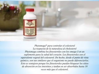 Phytomega® para controlar el colesterol
La respuesta de la naturaleza al cholesterol
Phytomega combina los fitoesteroles con los omega-3 en un
suplemento para la salud del corazón. Los fitoesteroles son el
equivalente vegetal del colesterol. De hecho, desde el punto de vista
químico, son tan similares que el organismo no puede diferenciarlos.
Esto es ventajoso porque los fitoesteroles pueden bloquear los sitios
de absorción en los intestinos y tardan en ser absorbidos hasta 10
veces más que el colesterol.
 